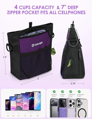 4 Cup Dog Treat Pouch with Silicone Insert Bag& Clicker(Purple) | 2 Pair Magnetic Closures, Belt Clip/Waist Belt/Crossbody Wear, Zipper Pocket Poop Bag Holder for Pet Training/Daily Walking - color: Purple