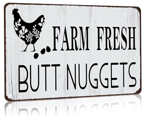 Smilelife Funny Chicken Gifts Chicken Farm Fresh Butt Nuggets Tin Sign for Home Farm Chicken Coop Farmhouse Kicthen Garden Decor 8 X 12 Inch (3189) - color: Dark Grey