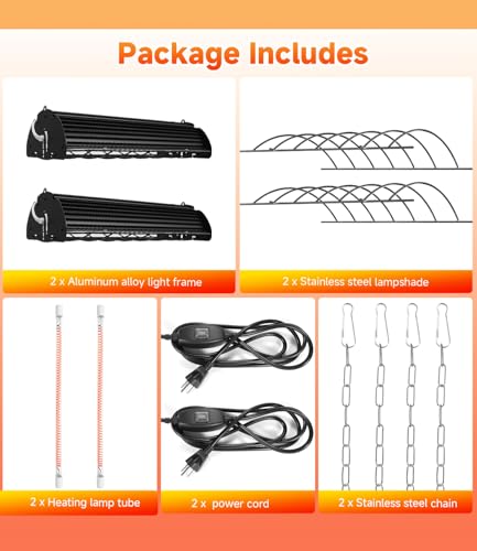400W Heat Lamp for Chickens Upgraded 12000H Large Chicken Coop Brooder Heater Carbon Fiber Bulb Waterproof Adjustable 2 Mode Temp Safe Design for Chicks Poultry Pets 2 Pack(Extra Large) - size: Extra Large(Includes 2 Frames + 2 Tubes)