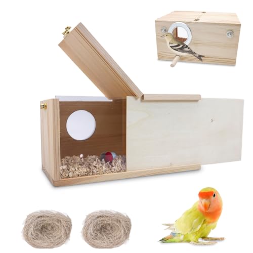 PINVNBY Parakeet Nesting Box, Detachable Board Acrylic Bird House for Cage with Coconut Fiber, Natural Wood Breeding Box for Cockatiel Budgie Lovebirds Conure Finch Parrot (M: 9.8 * 5.3 * 5.3 inch)