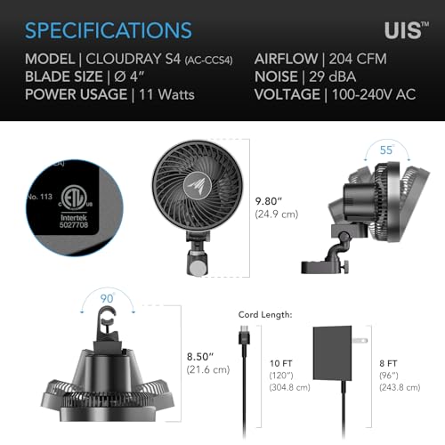 AC Infinity CLOUDRAY S4 Ultra Compact Grow Tent Fan 4 Inch Precision | Precision 10 Dynamic Wind Speeds, 10-Level Oscillation, IP-54 Weatherproof, High-Velocity Air Circulation for Grow Tents - size: 4", Auto Oscillation