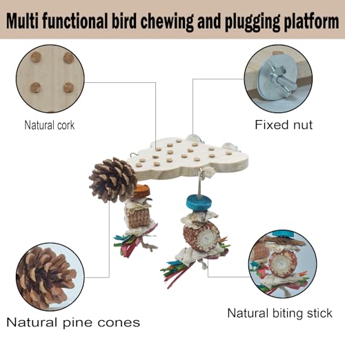 Parrot Toys, Parrot Wooden Toys Long Tailed Bird Toys with Pure Natural Corn Sticks and Pure Natural Pine Cones, Fun Bird Cage Accessories