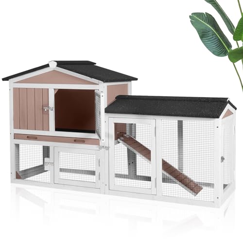 Chicken Coop with Run for 2 Chickens, Outdoor Wooden Hen House with Leakproof Pull-Out Tray, Weatherproof Roof, 6 Access Doors-Brown