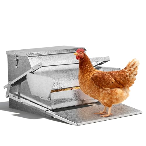 Automatic Treadle Chicken Feeder, 25 Lbs No Waste No Spill Rodent Proof Metal Chicken Feeder with Weatherproof Lid, Chicken Supplies for Your Chickens Duck Bantams Pheasants Poultry Coop