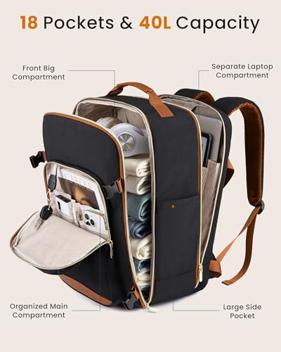 LOVEVOOK 56L Travel Backpack for Women & Men, Airline Approved Carry On Luggage with 3 Packing Cubes, TSA Overnight Bags, Waterproof Personal Item Bag, Weekender Essentials Backpacks fits 17" Laptop - color: 1 Black-brown, size: 56L-4Pcs