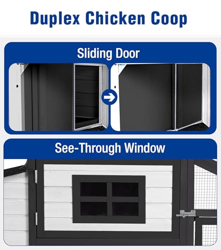 Chicken Coop with Run and Wheels Outdoor Poultry Hen House with Slide-Out Tray Chicken Cage Weatherproof Roof Predator-Proof for Backyard Black and White - color: 72.3"L Black & White