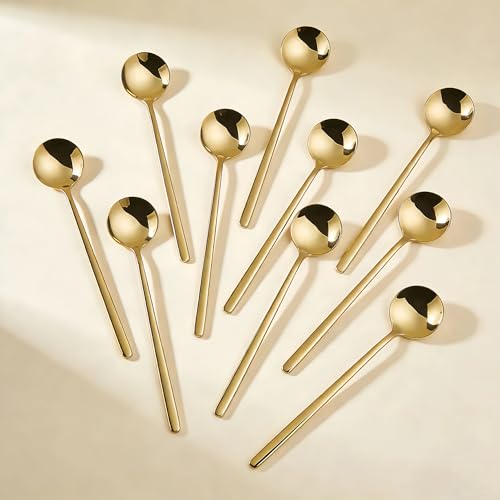 Long-handled Mirror-Finish Small Round Stainless Steel Spoon, Suitable for Scooping Bird's Nest, Honey, Coffee, Milk Powder, Sugar, Cocoa Powder and Other Foods & Desserts (10pcs 5.9", Gold-Plated) - size: 5.9in, style: 10Pcs Gold-Plated