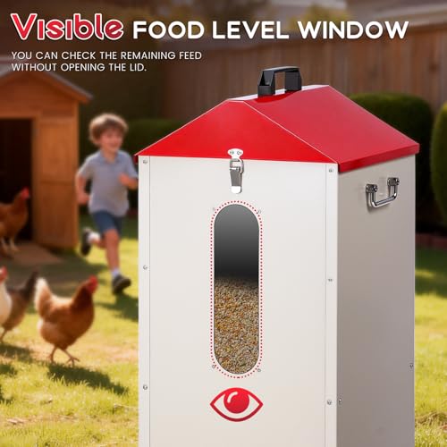 70-85lbs Automatic Chicken Feeder No Waste Gravity Poultry Feeder | Large Capacity Galvanized Chicken Food Dispenser with 16 Ports and Visible Feed-Level, for Duck, Goose,Turkey, Tapered Lid