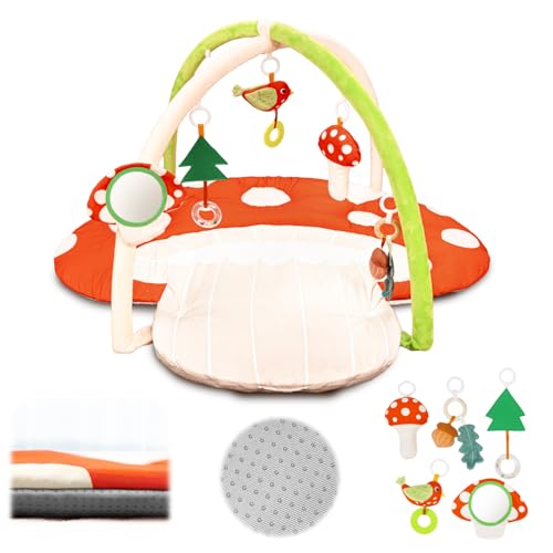 Thickened Baby Play Gym, Machine Washable Playmat | Extra Large Activity Mat, Tummy Time Mat with 5 Detachable Toys for Motor Skills, Non-Slip Bottom, For nursery, Mushroom