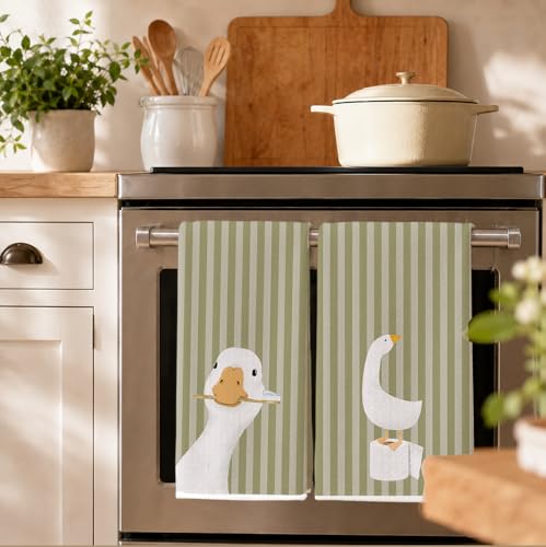 Kids Bathroom Decor, Goose Towels Bathroom Decor, Toddler Bathroom Towel, Cute Duck Green Farm Animal Dish Towels Gifts for Washroom Restroom 16x24 Inch Set of 2 - color: Green Stripes Silly Goose