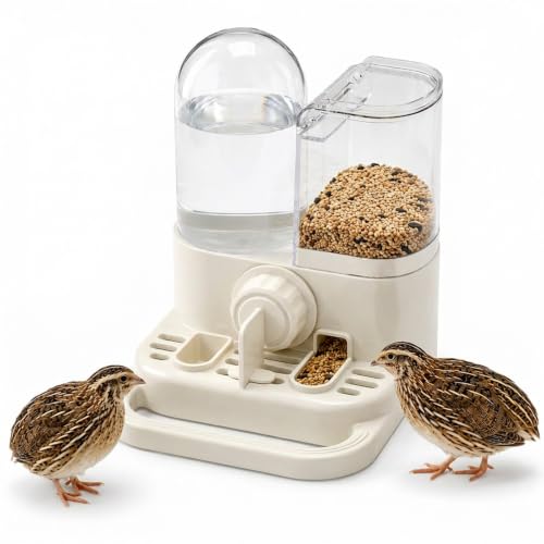 2-in-1 Quail Feeder and Waterer for Cage, Gravity Auto Waterer and Feeder | No-Waste Bird Feeder, No-Spill Quail Waterer, Hanging or Standing, Dry/Wet Separation, for Chick/Duck/Hamster