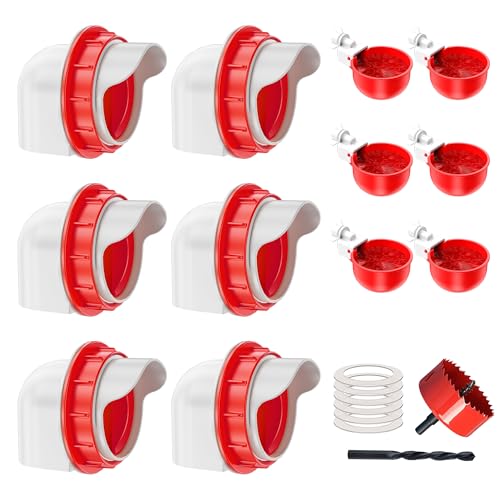 ZenxyHoC No Waste Chicken Feeders and Waterers - 6 Set with Water Cups | for Buckets Barrels Bins Troughs No Waste Chicken Feeder - size: 6 Ports and 6 Cups