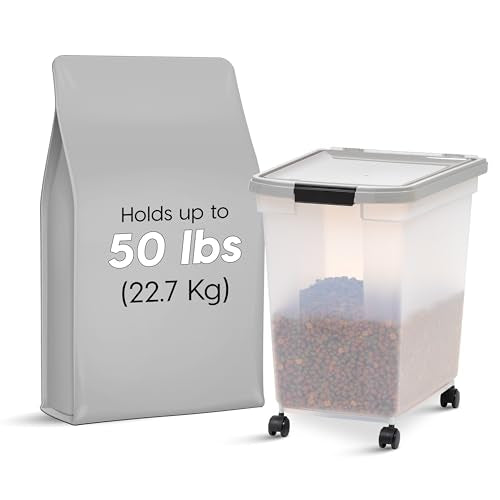 IRIS USA Dog Food Storage Container, Up to 50 lbs, Clear/Gray, Made in USA | Wheels for Mobility, Airtight Seal, BPA-Free, Best for Bird Seed, Cat food, Cat Litter, Chicken Feed, Pellets - color: Gray, size: 50 lbs
