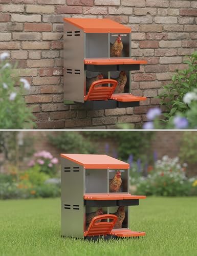 GarveeLife Chicken Nesting Box 4 Hole, Galvanized Steel Nest with Roll Away Egg Collection & Swing Perch, Easy-Clean Laying Box for Hens, Heavy Duty Design for Chicken Coop - color: Orange, size: 4 holes 2 layers