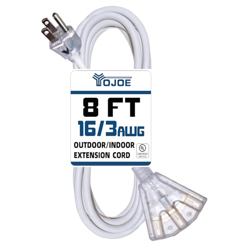 YOJOE 3-Outlets Indoor Outdoor Extension Cord with Lighted End, 3 Prong 13A Weatherproof Power Cord, 16 Gauge Heavy Duty 8 ft White Extension Cord Multiple Outlets, 16/3 SJTW UL Certified - color: White, size: 8 Foot, style: Lighted End