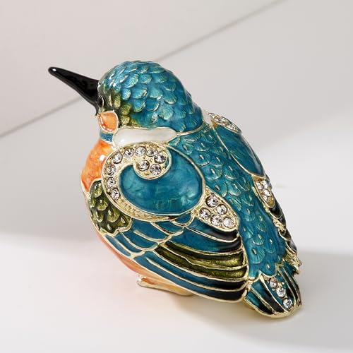 Hand Painted Enamel Kingfisher Trinket Box, Hinged Unique Mini Ring Necklace Jewelry Organizer, Classical Bejeweled Storage, Figurine Collectible Keepsake Home Decor (Kingfisher) - color: Kingfisher