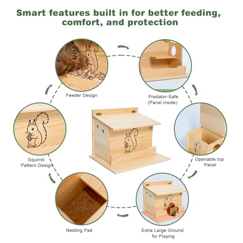 Squirrel House, Squirrel Box, Squirrel Houses for Outside, Squirrel Boxes with Front Feeder, Nesting Box, Wooden Houses with Predator Guard Design for Squirrels, Chipmunk and Small Animals