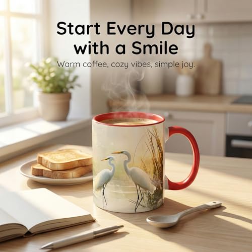 White Egret Wetland Coffee Mug, Elegant Water Bird Mug, Serene Marsh Nature Gift, Coastal Lake House Decor, Wildlife Art Ceramic Accent Cup, 11 Oz Drinkware (Egret) - color: Egret