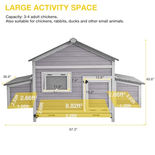 Wooden Chicken Coop, Large Hen House with Weather-Resistant Asphalt Roof, Easy to Clean with Removable Metal Tray, Ideal for 3-4 Chickens, Duck, Rabbits & Small Animals - color: Grey, size: 67.3"L x 36.8"W x 40.6"H