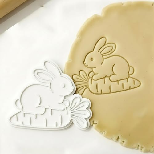 Easter Cookie Cutters Rabbit Carrot 3.5" with Plunger Stamps Handle Spring Holiday PLA Baking Molds Gifts Decorative Party Kitchen Cake Supplies - color: Rabbit Eats Carrot
