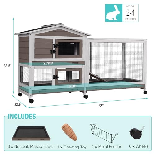 Suumerpety 62" Rabbit Hutch with Chew-Proof Ramp & Waterproof Roof - Indoor/Outdoor Bunny Cage, 2-Story Design, 6 Lockable Caster Wheels & Dual Pull-Out Trays (Brown) - color: (Brown)