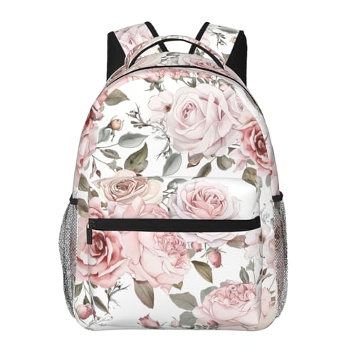 Rose Floral Casual Backpack, Lightweight Laptop Bag Daypack, Pink Wildflower Backpacks for Women Men Teens Students, Nature Garden Polyester Bookbag Gifts for School Work Travel Hiking - color: Rose 02