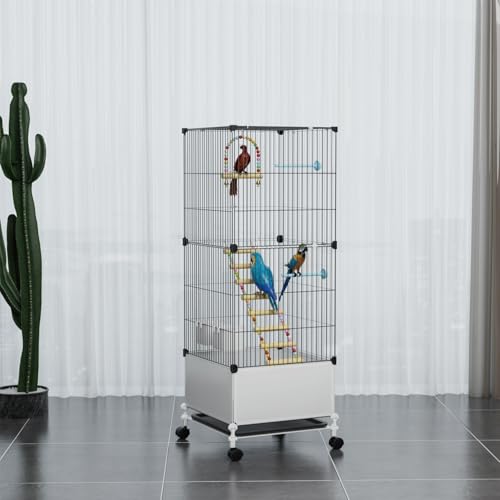 STILLCOVE Medium Flight Bird Cage, with Bowls & Perches & Ladder & Swing | with Removable Tray, Universal Wheels, Birdcage for Parakeet, Parrot, Cockatiel, Conure, Budgie, Canary, Finch, Lovebird - size: 14.2"L x 14.6"W x 39.4"H