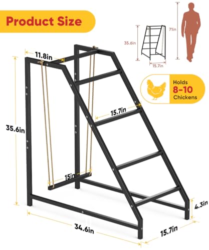 Chicken Perch Swing with Ladder for Coop, Metal Frame Chicken Roosting Bars for 8-10 Hens, Pet Swing Set for Backyard Poultry Farm Roost, Ideal for Chickens' Health and Happiness, Black