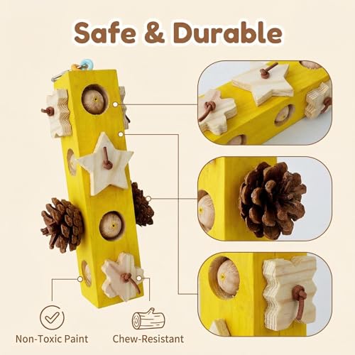 2Pcs Bird Hanging Chew Toys, Suitable for All Birds | Colorful Wooden Beads & Natural Pine Cones, Foraging & Beak-Grinding, Cockatiels, Lovebirds, Conures, Cage Accessories