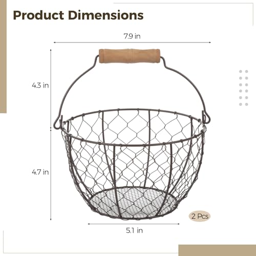 2 Pcs Wire Egg Baskets, Farmhouse Chicken Egg Collecting Baskets, Rustic Metal Egg Storages with Wooden Handle, Stackable Fresh Holders for Fruits, Vegetables, Sundries
