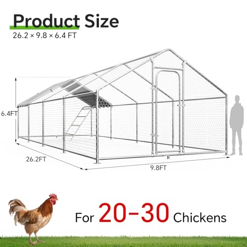 10 x 26.2 x 6.4 FT Metal Chicken Coop, Chicken Run with Cover | Walk-in Metal Chicken Coop, Waterproof Cover, Side Hardware Cloth, Roosting Perch, reinforced frame, Backyard & Farm Use - size: 315.0"L x 118.0"W x 78.0"H