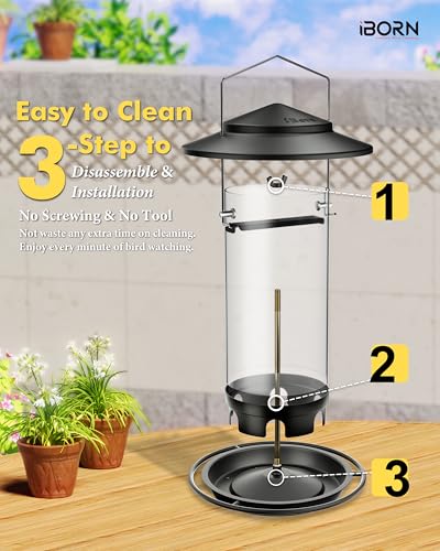 iBorn Metal Bird Feeders for Outdoors Hanging,Wild Bird Feeders for Cardinal,18cm Large Roof&Tray Black 6 Port (Seed is not Included) - color: Black,2.2LB,6Port