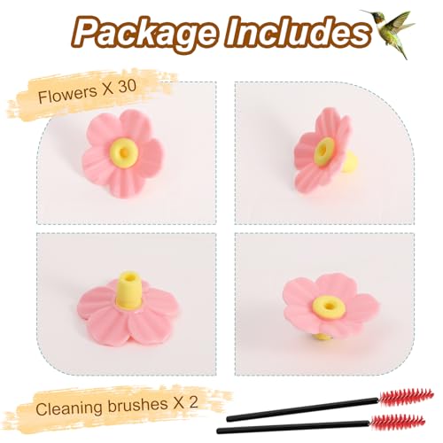 30 Pieces Hummingbird Feeders Replacement Flowers and 2 Cleaning Brushes, Feeding Ports Replacement Bird Feeder Replacement Parts for Hanging Feeding Hummingbird Outdoors(Pink) - color: Pink