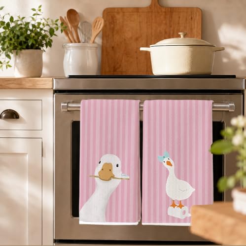 Pink Funny Goose Bathroom Hand Towels, Preppy Striped Toothbrush Bubble Goose Decorative Hand Towels for Toddler Kids Girls Bathroom, 16x24 Inch Set of 2 - color: Goose-pink