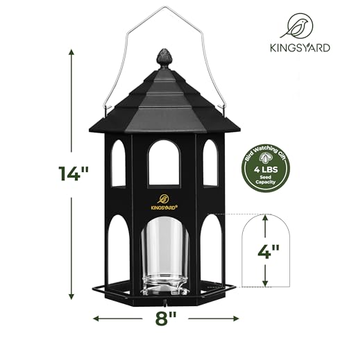 Kingsyard Metal Bird Feeder for Outdoor Hanging, Wild Bird Feeders with Circular Perch, Easy to Clean & Refill, 4 lbs Large Seed Capacity, Black - color: Black