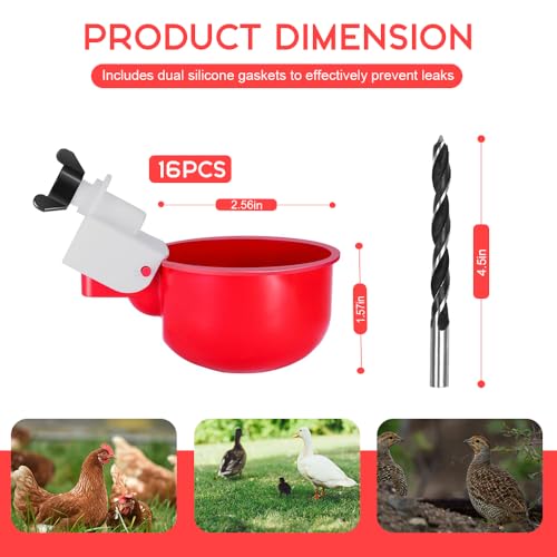16 Pack Auto Chicken Poultry Waterer Cups Feeder for Diy Chicken Coop Automatic Watering Cup Dispenser Drinker Bebederos De Agua Para Gallinas with Mounting Hole Opener Double Leak-proof Washer - size: 16 Pcs