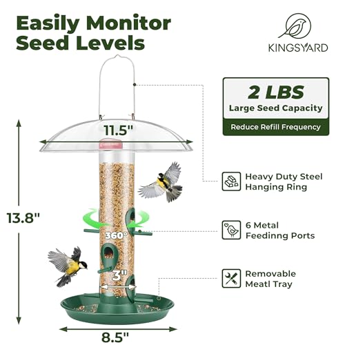 Kingsyard 6-Port Tube Bird Feeder for Outdoors Hanging | 9.5" Rustproof Metal Removable Tray, 11.5" Weatherproof Dome, 3 lb Seed Capacity, Garden & Backyard Birding Gift, Green - color: Green