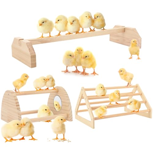 BreezeHug 3 Pcs Chicken Roosting Bar Set Wooden Chick Perch Prevent Rotation Design with Mirror Long Strip Large Triangle Stand Platform for Bird Parrot Macaw Hens Coop Brooder Fun Toys Accessories