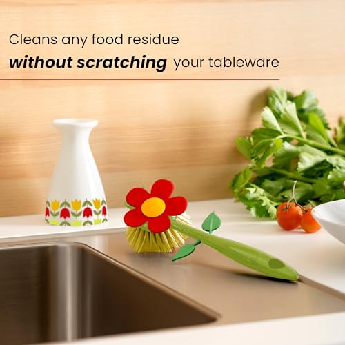 Vigar Flower Power Dish Brush with Handle and Stand - White, Red | Flower-Shaped, Dish Scrubber for Dishes, Dishwashing Brush, Kitchen Scrub Brush, Kitchen Essentials - color: Red