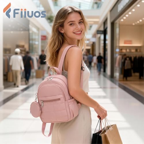 Mini Backpack for Women, Anti Theft RFID Small Travel Backpack | Compact Backpack with Built-in RFID Wallet(5 Slots) & Coin Purse, 10-Pocket Fits 11" Tablet, Puffer Nylon, Daily & Work - color: Pink