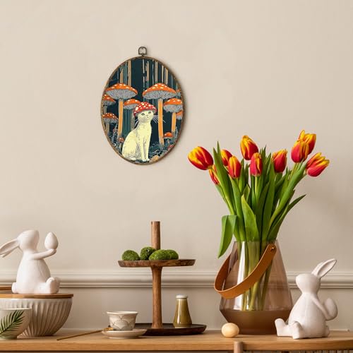 EGVQK Vintage Funny Cat Oval Wall Art, Whimsical Cat with Mushroom Hat Framed Canvas Prints Wall Art, Retro Quirky Dark Academia Oval Canvas Hanging Decor for Bedroom Living Room Home, 8.5x11.5in - color: animal_13