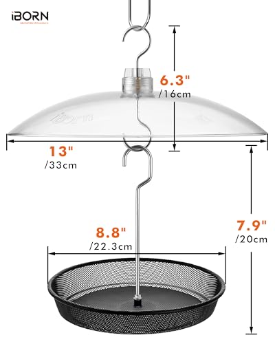 iBorn Hanging Bird Feeder Tray & Rainroof Cover, Bird Feeder Bowl with 13”Bird Feeder Cover for Rain Guard, Chew-Proof Polycarbonate & Thick Metal Hanger, Easy to Refill & Clean, Transparent & Black - size: Bird Feeder Tray+Rainroof Cover