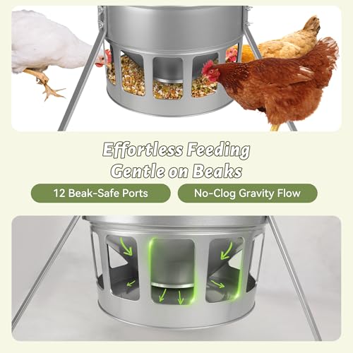 KOL Metal Chicken Feeder - 20lbs No Waste Chicken Feeder with 12 Ports, Powder Coated Rust-Proof Design & Smooth Edges for Safe Feeding (Silver) - color: Silver