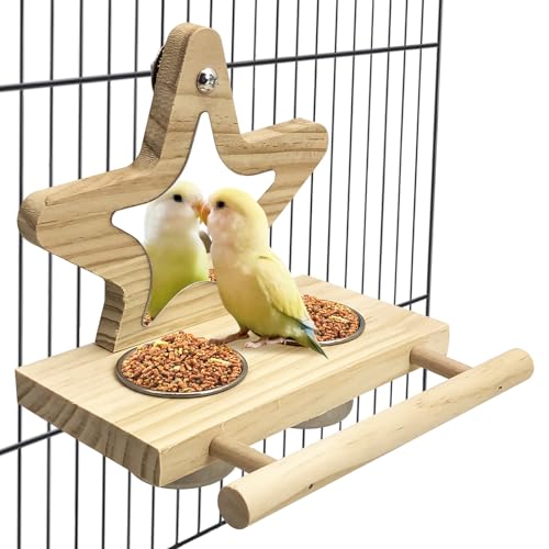 Tfwadmx Parrot Wooden Feeding Cups with Wooden Platform Stainless Steel Birds Bowls Food Water Bowls with Bird Food Holder for Cockatiel Conure Budgie Parakeet Macaw Lovebird