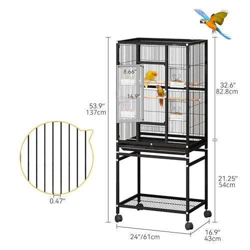 DWVO 53.9-Inch Metal Bird Cage | Large Parrot Cages with Seed Catcher & Cover - Rolling Stand with Brakes - color: Black, size: 24.0"L x 16.9"W x 53.9"H