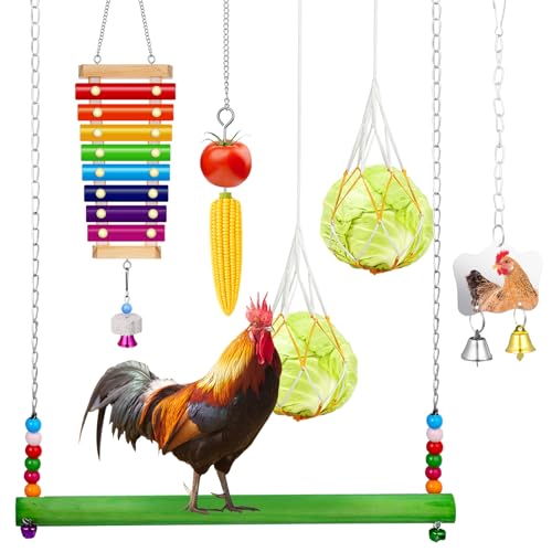 Gejoy 6 Pieces Chicken Toys for Coop Accessries Wooden Stand Mirror with Bells Coop Swing Veggies Fruit Skewer Vegetable Hanging Feeder Chewing Foraging Toys for Chicken