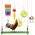 Gejoy 6 Pieces Chicken Toys for Coop Accessries Wooden Stand Mirror with Bells Coop Swing Veggies Fruit Skewer Vegetable Hanging Feeder Chewing Foraging Toys for Chicken
