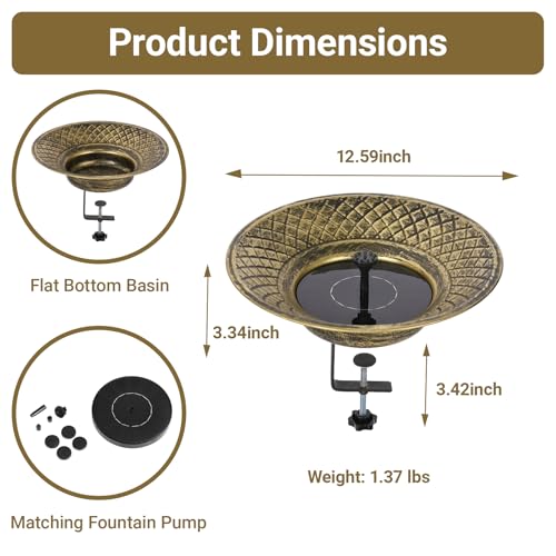 Solar Bird Bath for Deck Railing, 12.6“ Metal Solar Powered Bird Bath | Bird Bath Fountain with Bubbler, 3.5” Adjustable Clamp for Balcony & Patio, 2-in-1 Deck Bird Feeder for Garden Yard, Gold - color: Gold