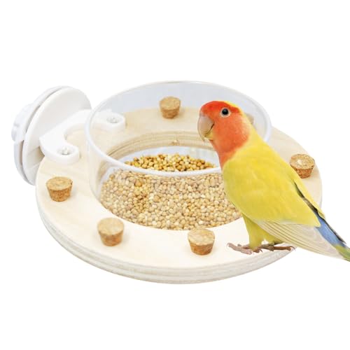 Bird Cage Accessories, Transparent Acrylic Feeding Bowl with Wooden Frame & Chewable Cork, Bird Cage Feeder for Budgies, Cockatiels, Lovebirds, Canary and Other Small Birds