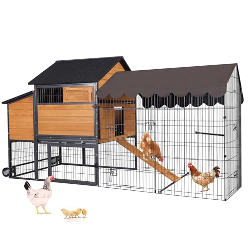 Large Chicken Coop with Run for 6-8 Chickens, All-Around Iron Frame Chicken Tractor with Wheels, Wooden Hen House Poultry Cage with Nesting Boxes and Metal Tray - size: 85.6"L x 40.6"W x 48.2"H